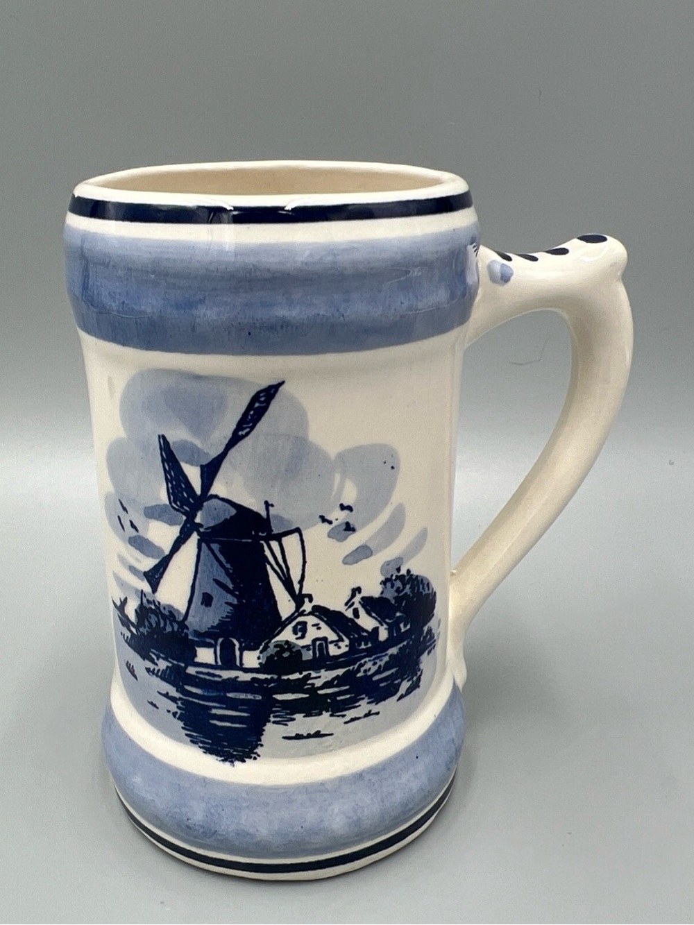 VTG Delft Holland Windmill Mug, Handpainted Stein. Blue Floral Pattern. 4.75".